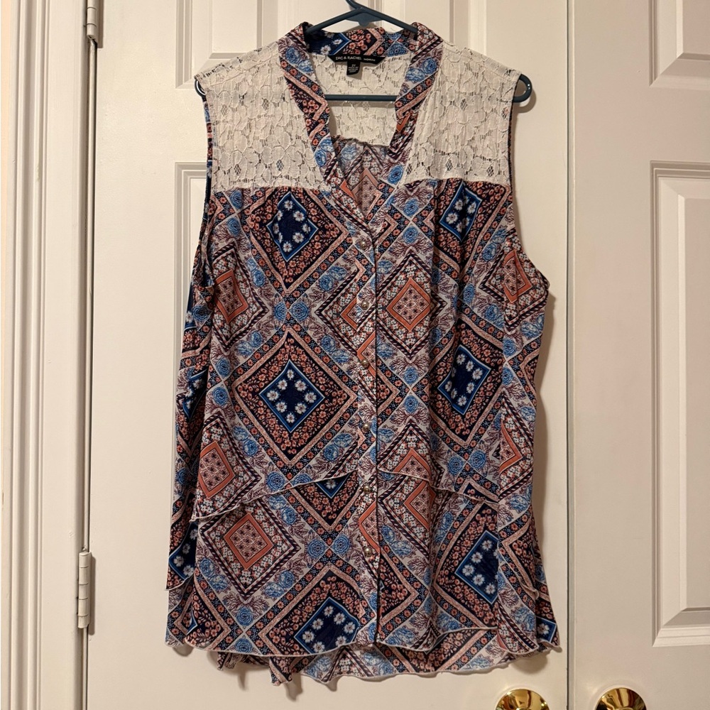 ZAC & RACHEL~Tiered SLEEVELESS V NECK BUTTON DOWN BLOUSE TOP~Women's 2X